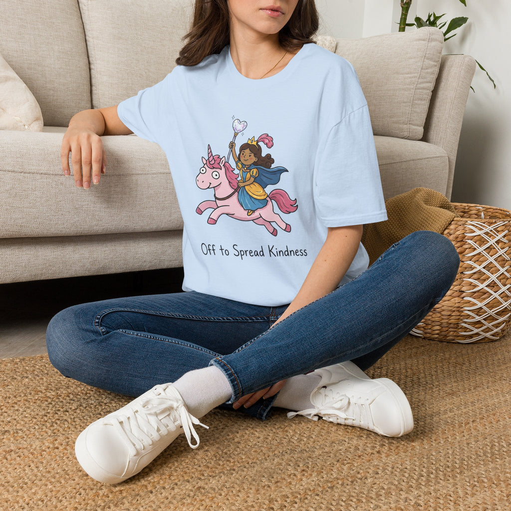 Kindness Princess Riding Pink Unicorn T-Shirt — 'Off to Spread Kindness' Fantasy Tee