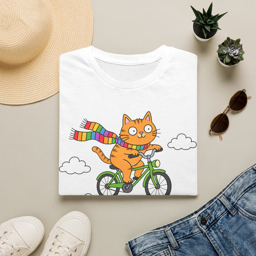 Cat on a Bike T-Shirt — "Off to Teach Coping Skills" Cute Rainbow Scarf Tee