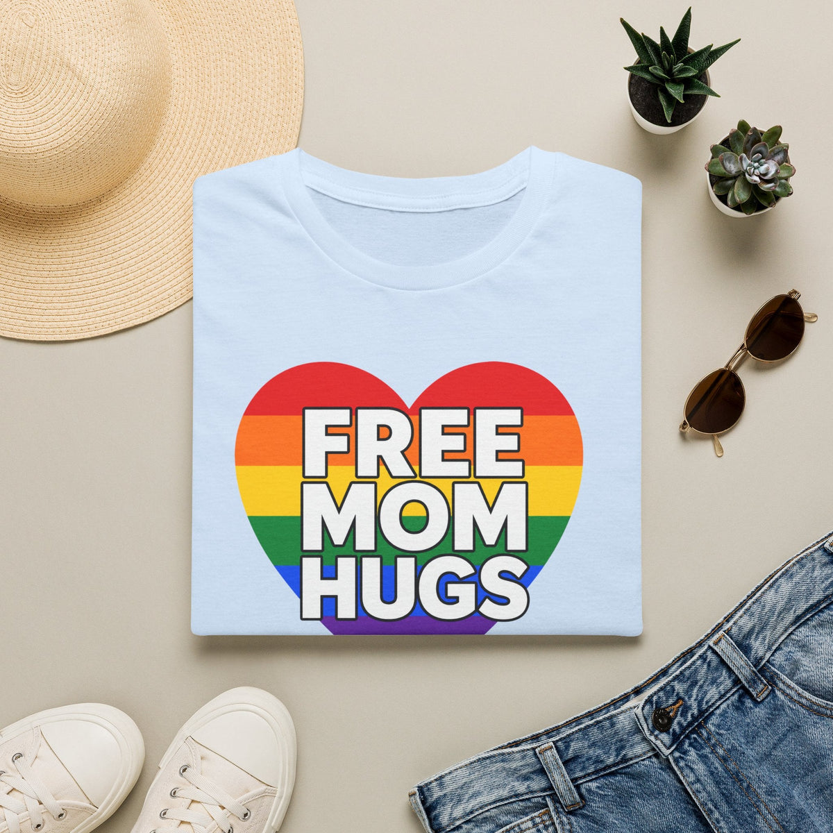 Free Mom Hugs Rainbow Heart T-Shirt in Light Blue – TalkTees