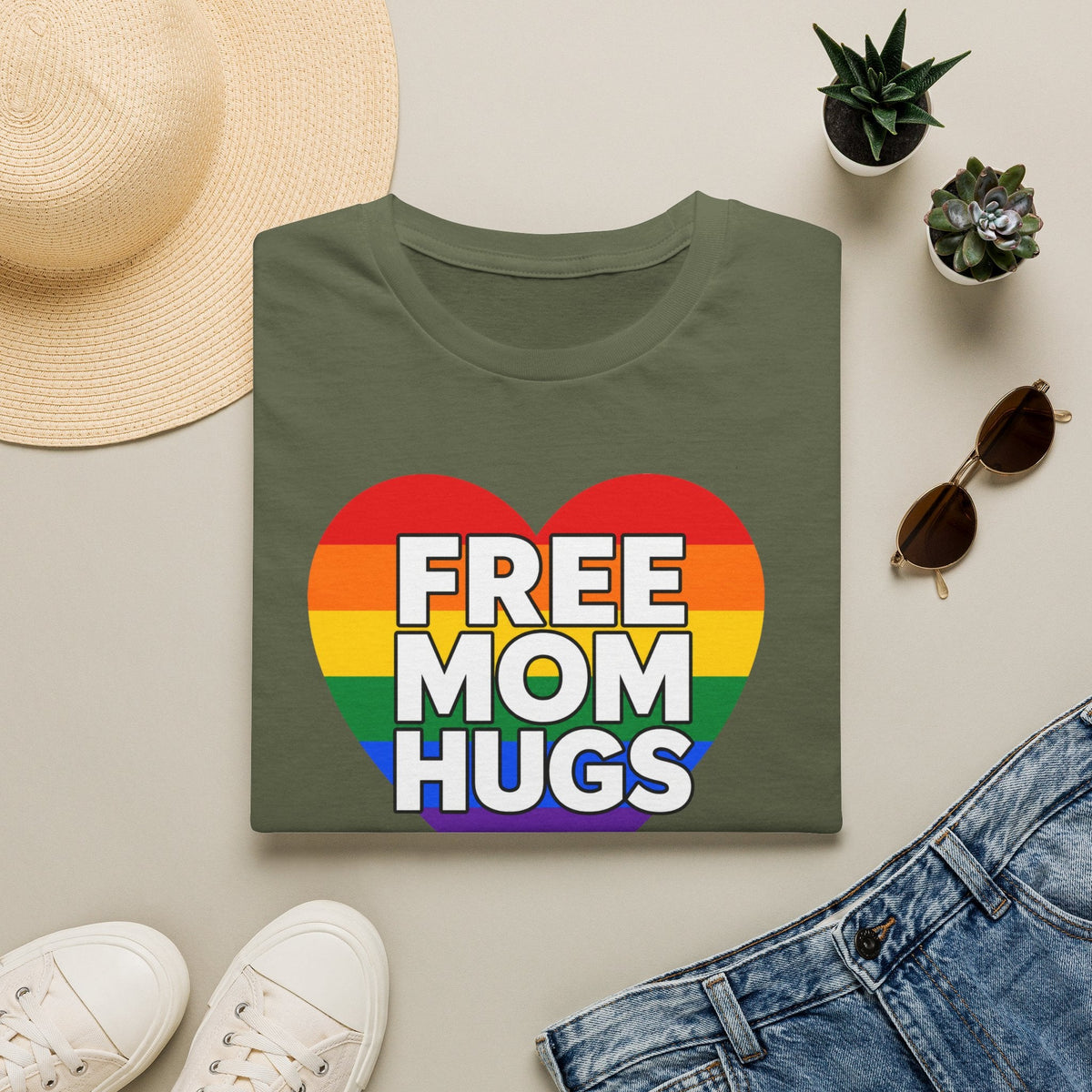 Free Mom Hugs Rainbow Heart T-Shirt in Military Green – TalkTees