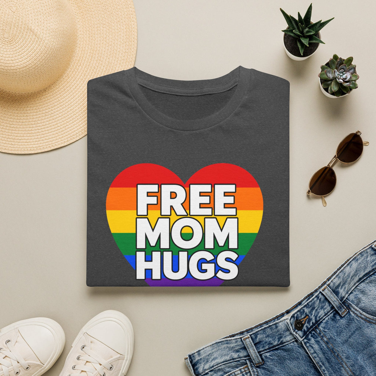 Free Mom Hugs Rainbow Heart T-Shirt in Dark Heather – TalkTees