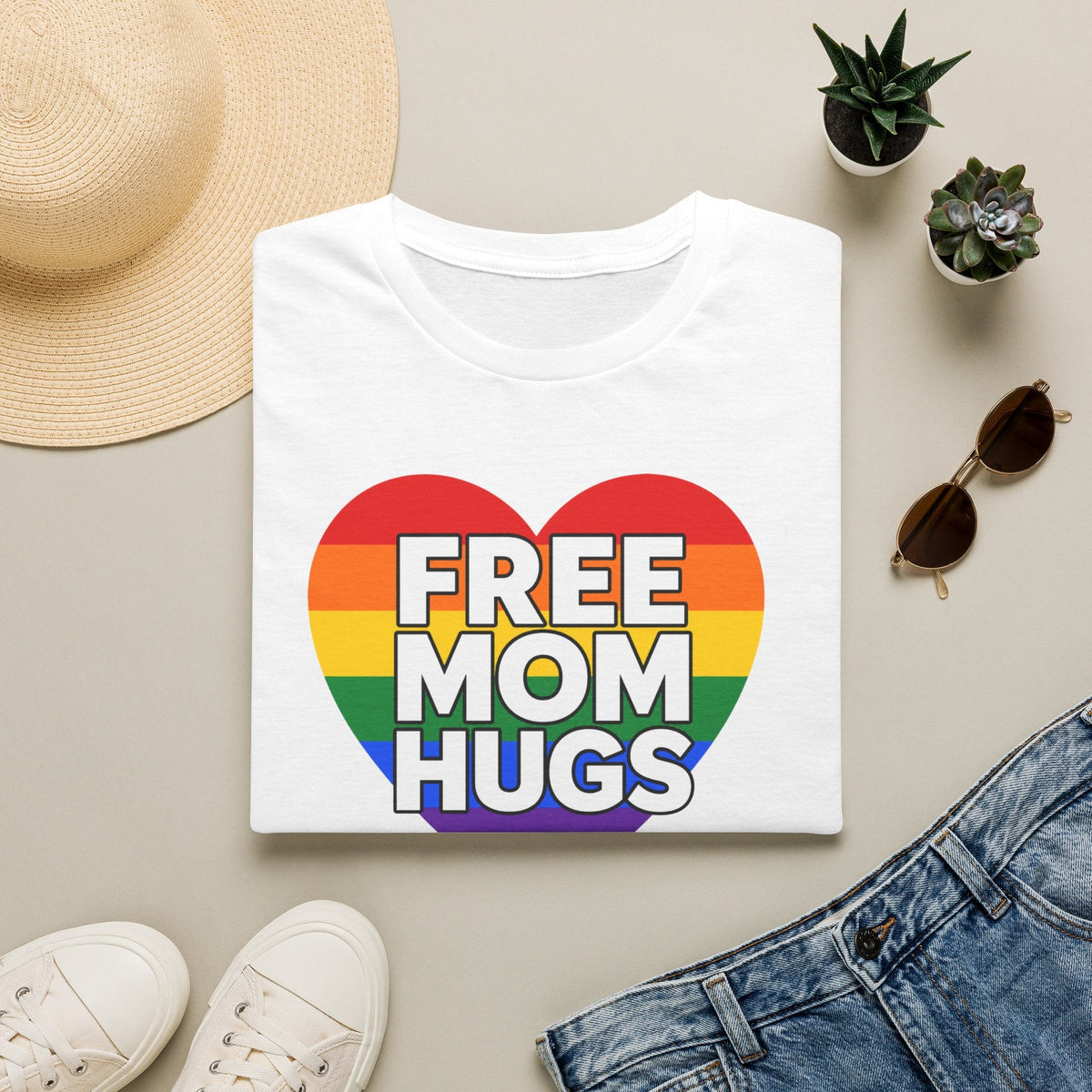 Free Mom Hugs Rainbow Heart T-Shirt in White – TalkTees