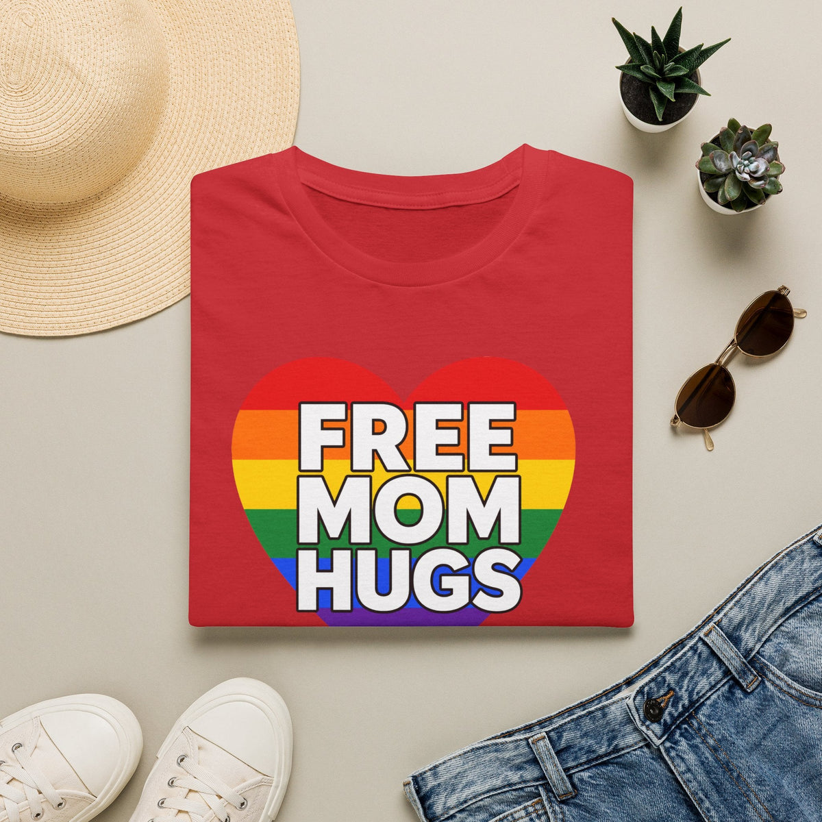 Free Mom Hugs Rainbow Heart T-Shirt in Red – TalkTees