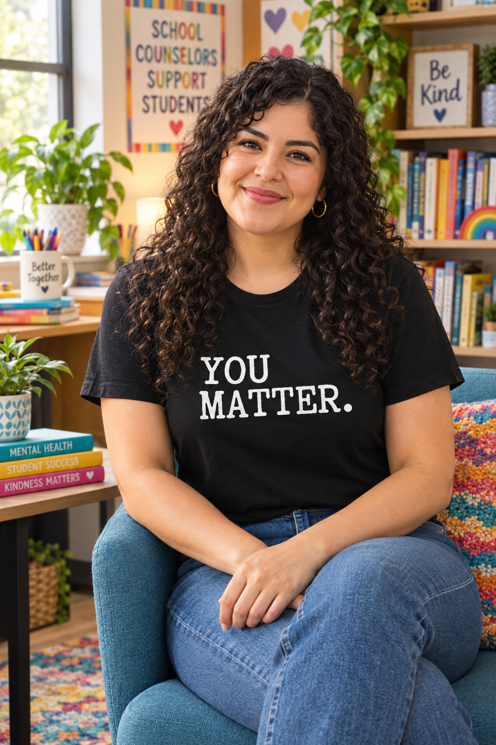 School counselor wearing a black You Matter T-shirt in her office – TalkTees